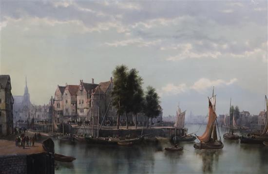 William Howard (19th century) Flemish town scene with busy canals and figures on the quayside in the foreground 24 x 36in.